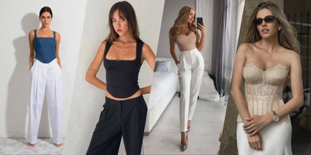 Жінки в сучасних образах із корсетами, поєднання з брюками та топами